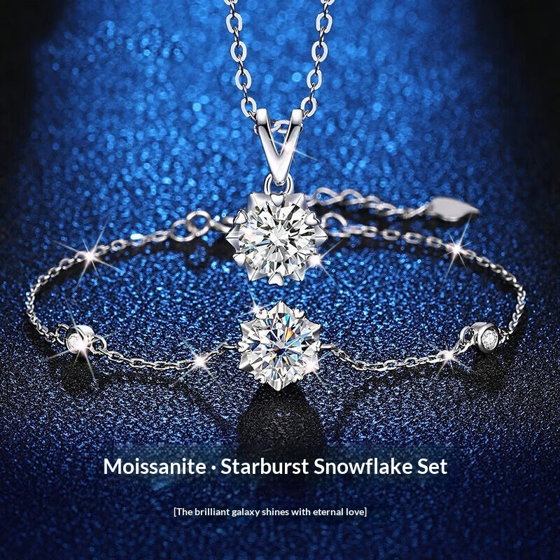 Star Light Sterling Silver Snowflake Moissanite Necklace Set For Women