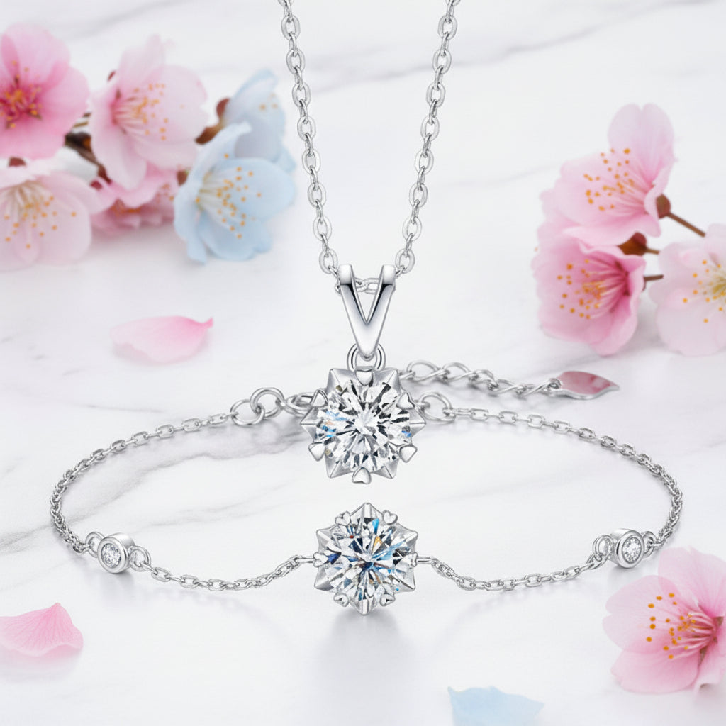 Snowflake Moissanite Earrings/Necklace/Bracelet set in 18K White Gold Plated 925 Silver (GRA) Capella Reya pic 4