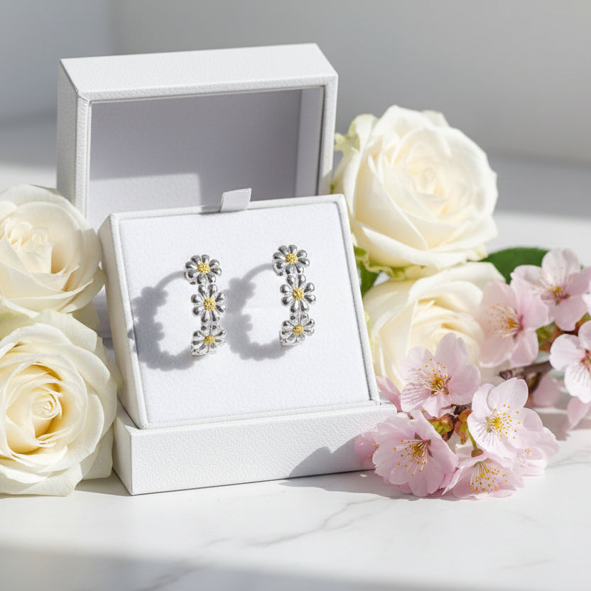 Little Daisy Sunshine Charm Earrings set in Platinum Plated 925 Pure Sterling Silver