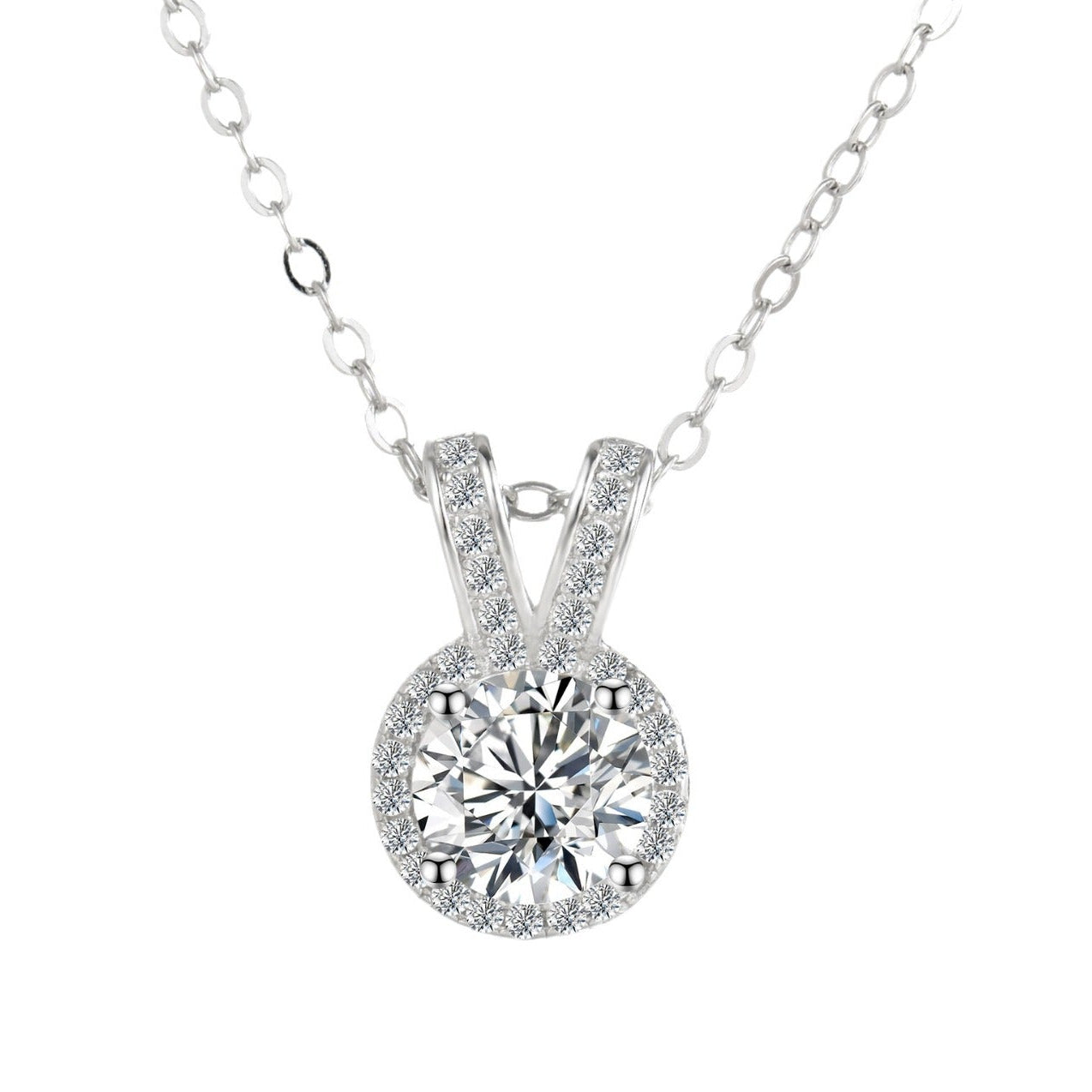 Pavé Halo 1 Carat Moissanite Diamond Necklace set in 18K White Gold 925 Silver (GRA)