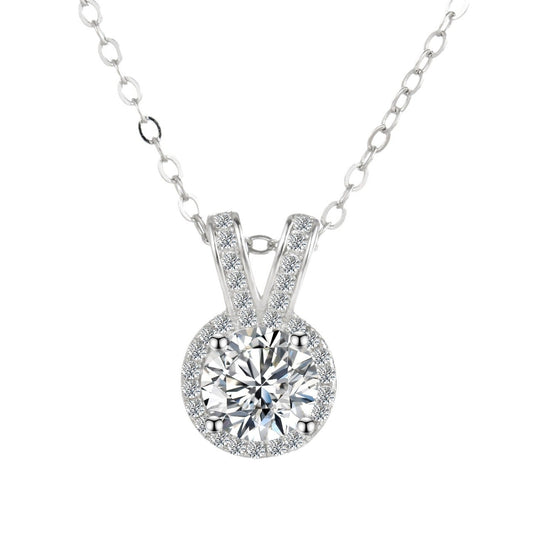 French Pavé Halo Solitaire 1 Carat Moissanite Diamond Necklace set in 18K White Gold 925 Silver (GRA)