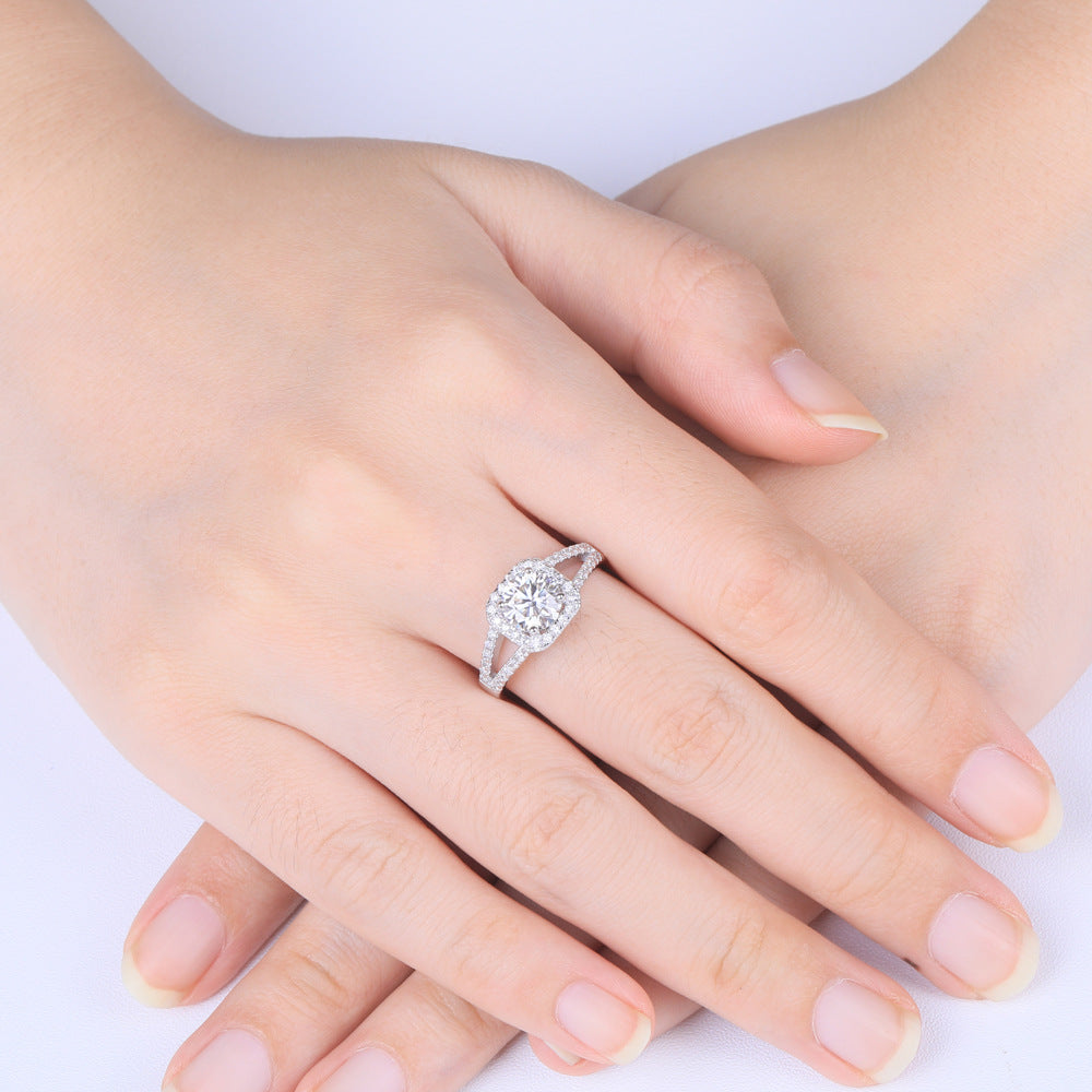 French Halo Pavé Design 1 Carat Moissanite Diamond Ring set in Platinum Plated 925 Silver (GRA)