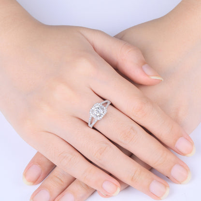 French Halo Pavé Inlay Solitaire 1 Carat Moissanite Ring set in Platinum Plated 925 Silver (GRA) Capella Jewellery