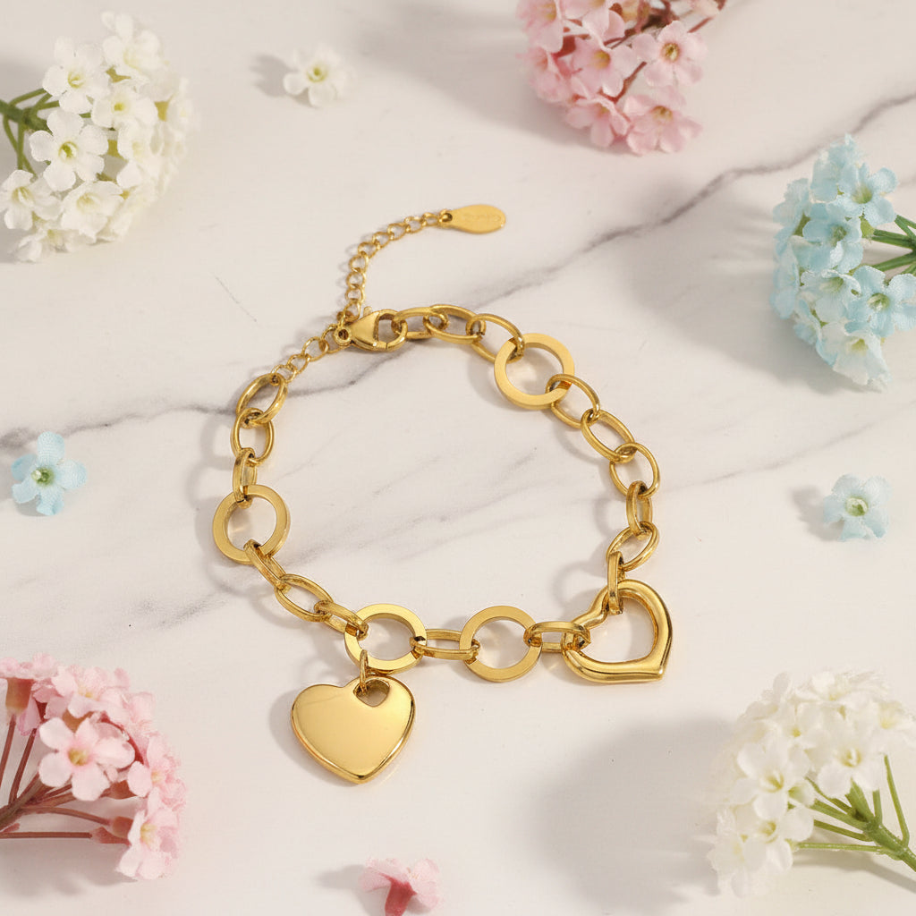 French Designed Chic Heart Shaped Chain Bracelet set in 18K Gold Plating