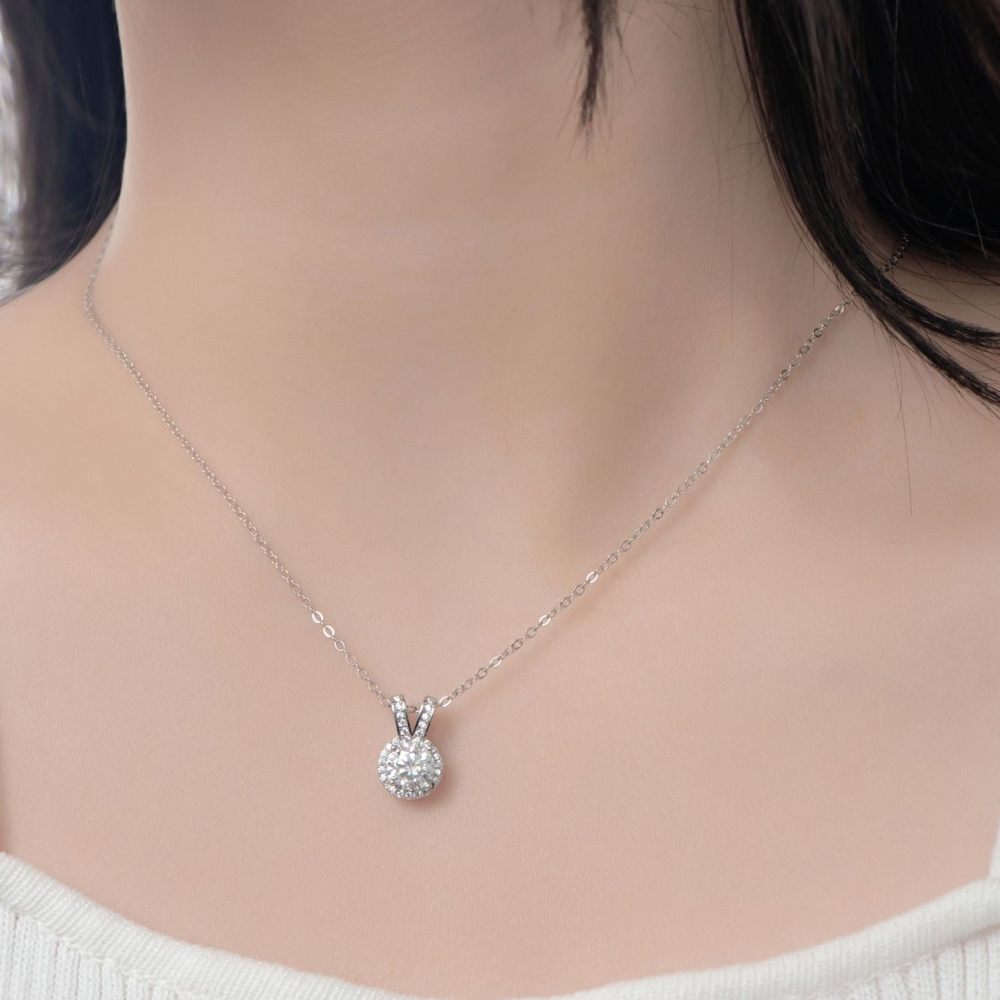 Pavé Halo 1 Carat Moissanite Diamond Necklace set in 18K White Gold 925 Silver (GRA)