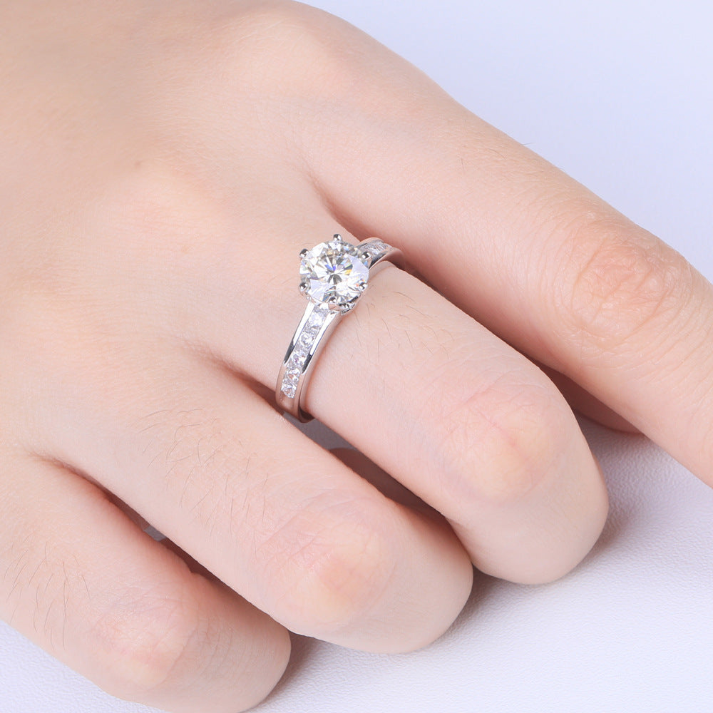 Italian Solitaire Pavé Inlay 1 Carat Moissanite Diamond Ring set in Platinum Plated 925 Silver (GRA)