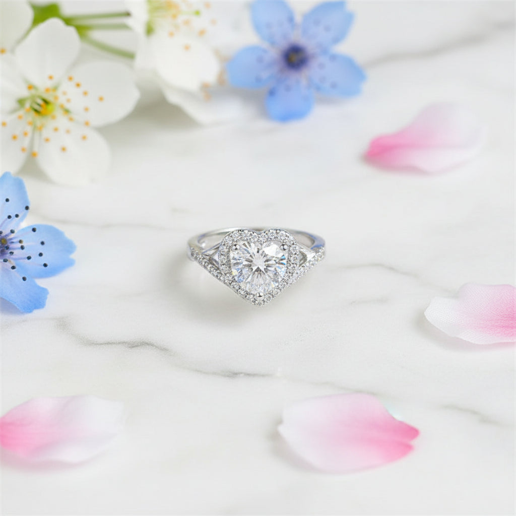 Italian Heart Design 1 Carat Moissanite Diamond Ring set in Platinum Plated 925 Silver (GRA)