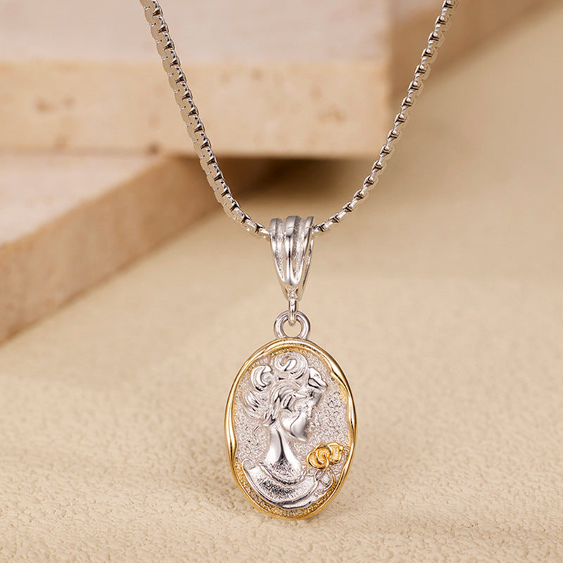 French Designed Queen Elizabeth Portrait Pendant set in Platinum Plated 925 Silver Necklace