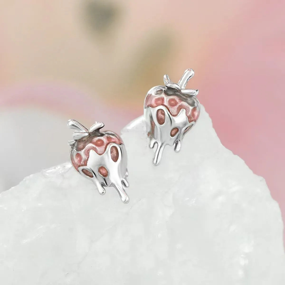 Silver Dipped Strawberry Enamel Earrings set in 18K White Gold Plated 925 Sterling Silver Capella Jewellery