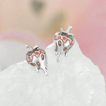 Silver Dipped Strawberry Enamel Earrings set in 18K White Gold Plated 925 Sterling Silver Capella Jewellery