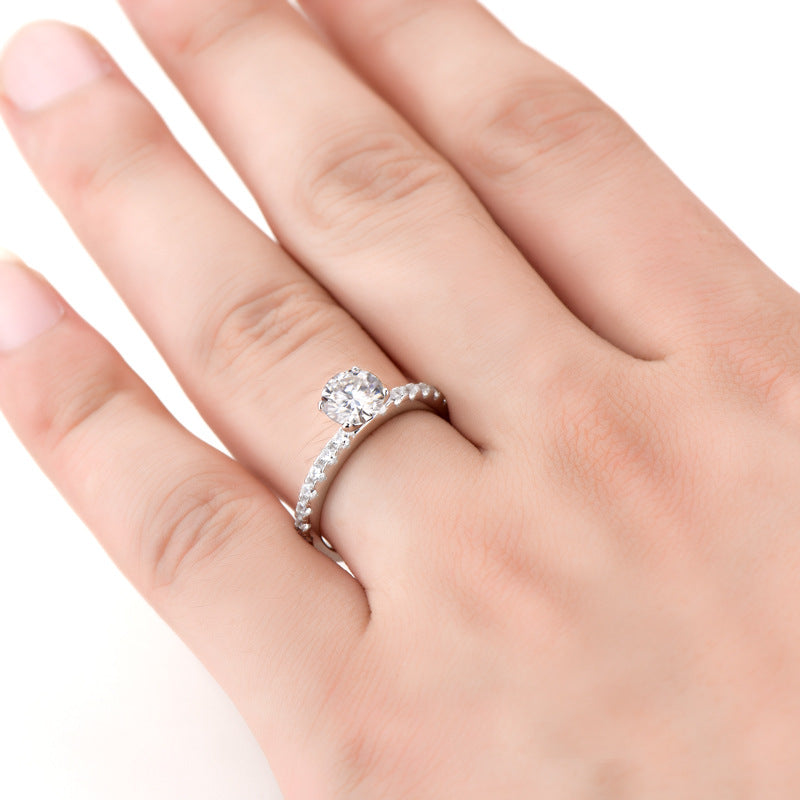 French Pavé Side Design 0.8 Carat Moissanite Diamond Ring set in 18K White Gold 925 Silver (GRA)