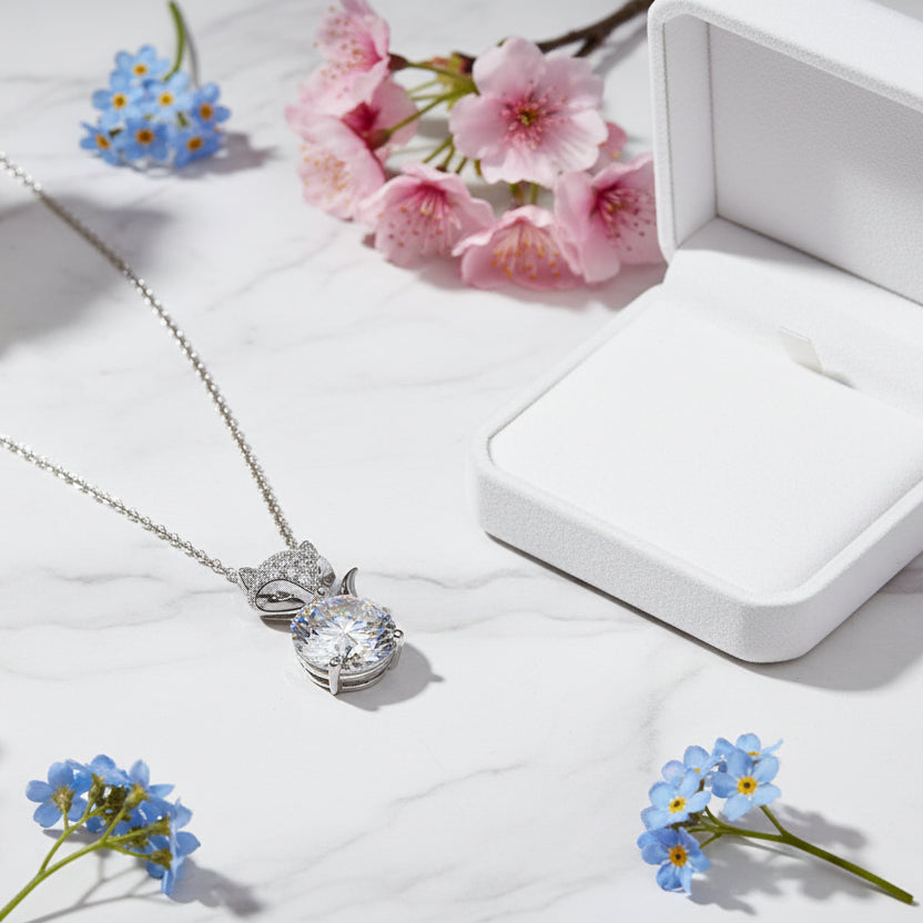 French Fox Design 2 Carat Moissanite Pendent set in 18K White Gold Plated 925 Silver Capella Jewellery