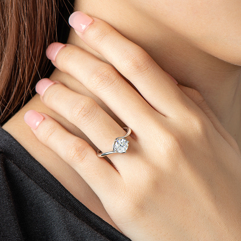 Italian Solitaire Twist Design 1 Carat Moissanite Ring set in 18K White Gold Plated 925 Silver (GRA)