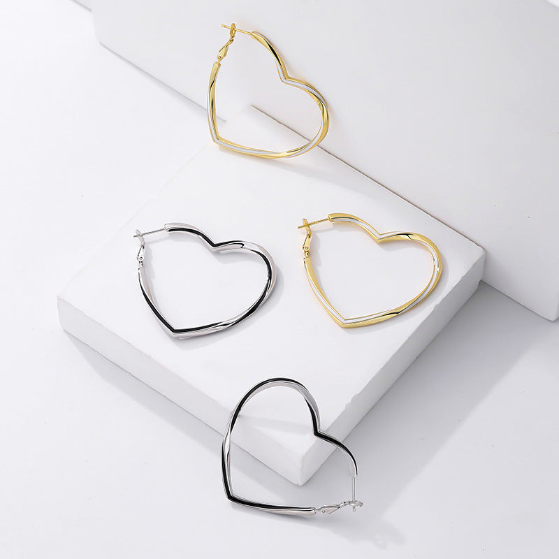 Modern French Chic Design Large Heart Hoop Earrings set in 18K Gold Plated 925 Silver