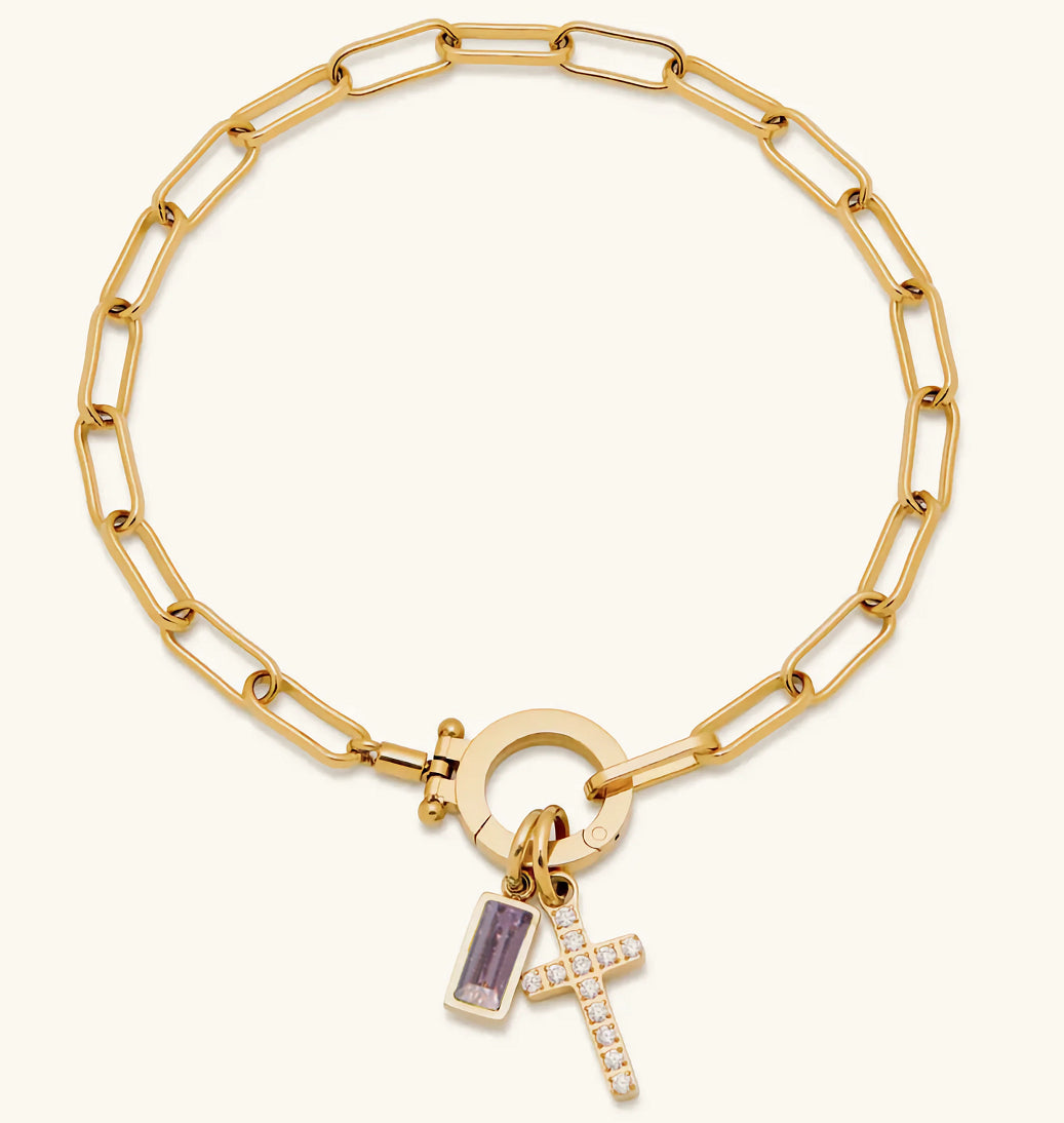 Holy Christian Cross Birth Stone Natural Zircon Gemstone Charm Bracelet set in 18K Gold Plating Capella Jewellery
