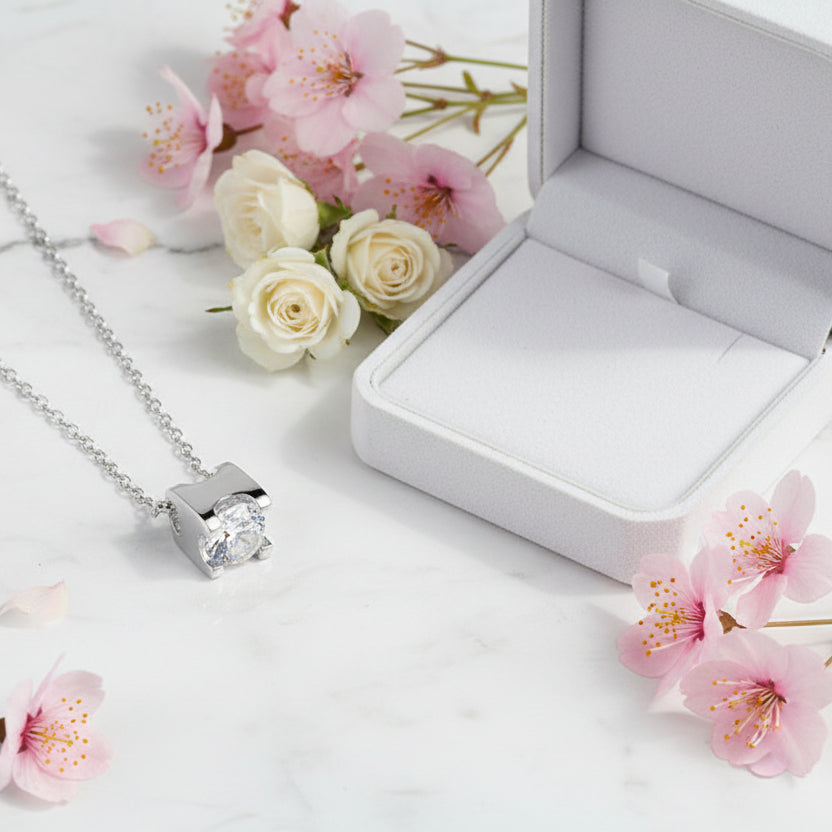 French Design 2 Carat Moissanite Diamond Necklace set in Platinum Plated 925 Silver (GRA)