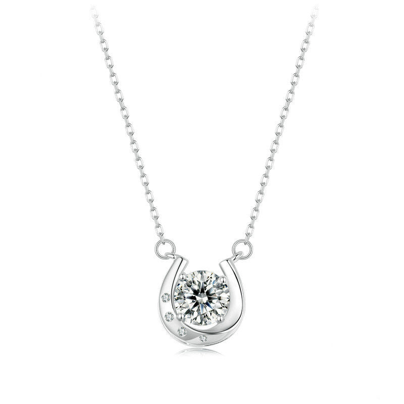 Lucky Horseshoe 1 Carat Moissanite Diamond Pendant set in 925 Sterling Silver Necklace (GRA)