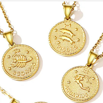 Italian Design Zodiac Sign Gold Roman Coin Pendent Necklace set in 18K Gold Plating