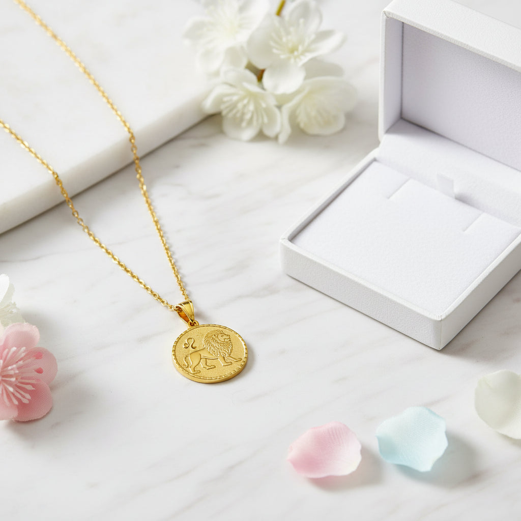 Italian Design Zodiac Sign Gold Roman Coin Pendent Necklace set in 18K Gold Plating