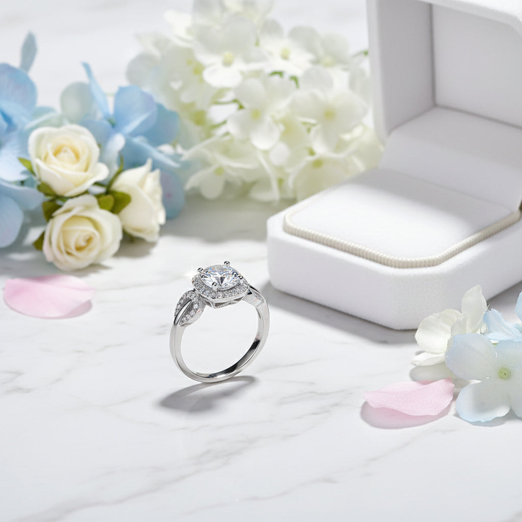Korean Petal Design 1 Carat Moissanite Diamond Ring set in 18K White Gold Plated 925 Silver (GRA)