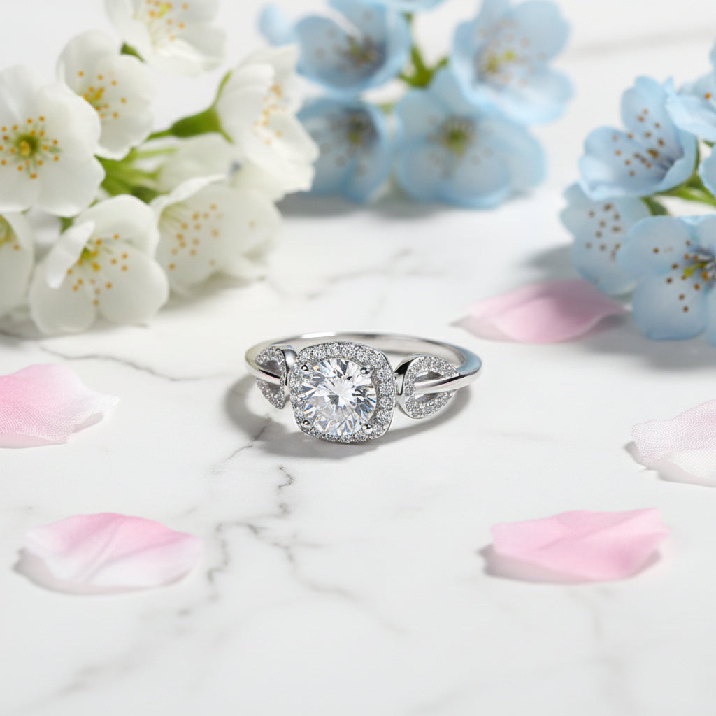 Korean Petal Design 1 Carat Moissanite Diamond Ring set in 18K White Gold Plated 925 Silver (GRA)
