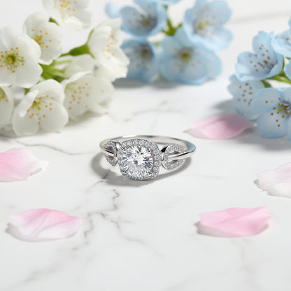 European Petal Leaf Inspired 1 Carat Moissanite Ring set in 18K White Gold Plated 925 Silver (GRA) Capella Jewellery