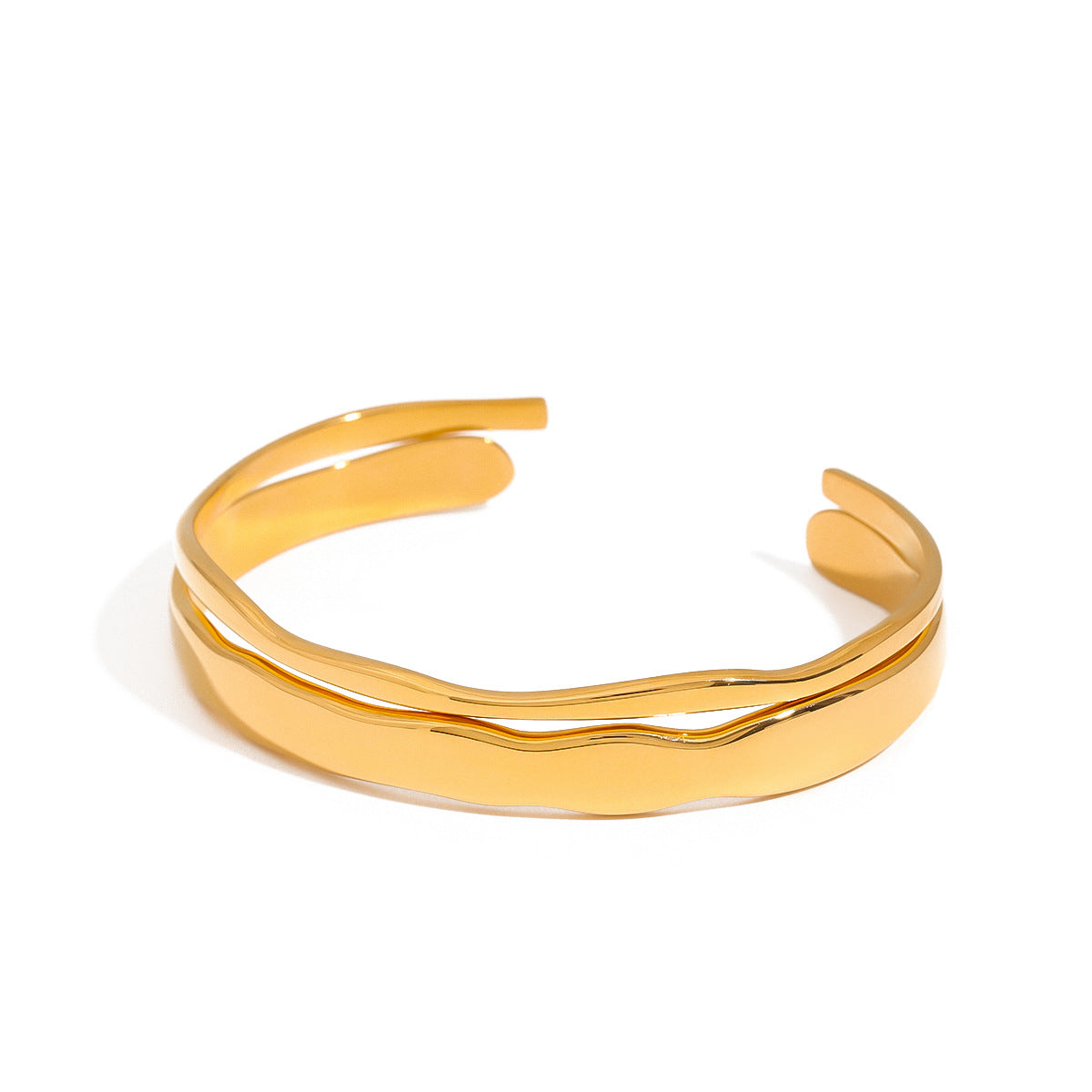 French Chic Designed Twin Wave Open-Ended Bangle Bracelet set in 18K Gold Plating
