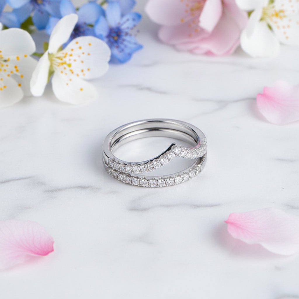 French V Row Design Micro Pavé Moissanite Diamond Ring set in 18K White Gold Plated 925 Silver