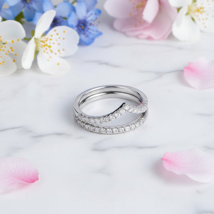 French V-Shape/Round Pavé Micro Inlay Moissanite Ring set in 18K White Gold Plated 925 Silver Capella Jewellery