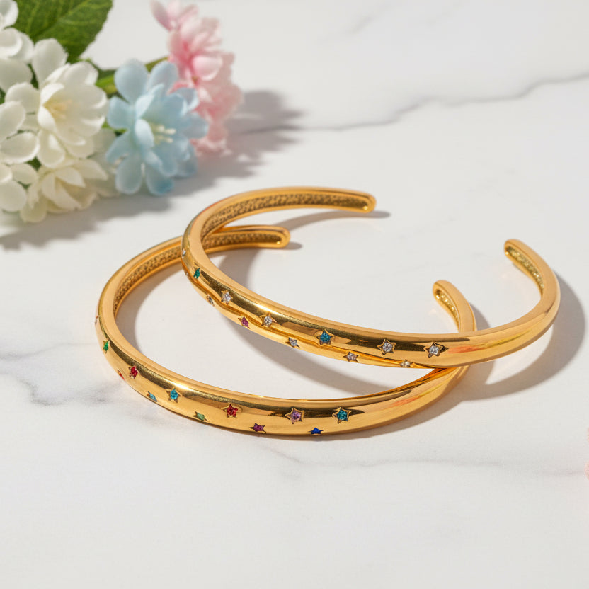 Geometry Inspired Star Pattern Natural Zircon Gemstones Bracelet set in 18K Gold Plating