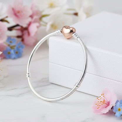 European Heart Buckle Snake Bone Bangle Bracelet set in 18K white Gold Plated 925 Sterling Silver Capella Jewellery
