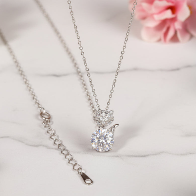French Fox Design 2 Carat Moissanite Pendent set in 18K White Gold Plated 925 Silver Capella Jewellery