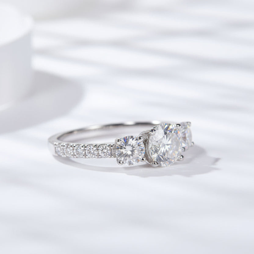 French Three Stone Micro Pavé Sides 1.8 Carat Moissanite Ring set in Platinum Plated 925 Silver (GRA) Capella Jewellery
