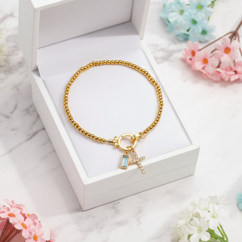 Holy Christian Cross Birth Stone Natural Zircon Gemstone Charm Bracelet set in 18K Gold Plating Capella Jewellery