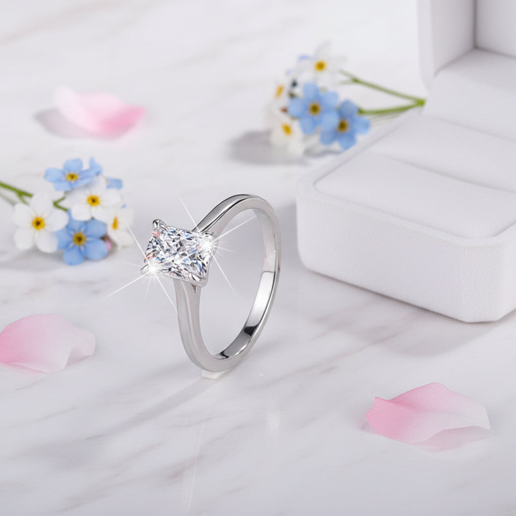 Italian Rectangle Cut Design 1 Carat Moissanite Diamond Ring set in Platinum Plated 925 Silver (GRA)