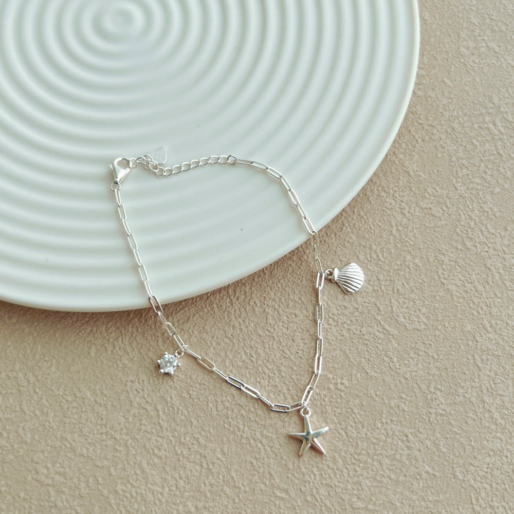 Ocean Starfish and Shell Natural Zircon Gemstone Bracelet set in 925 Sterling Silver
