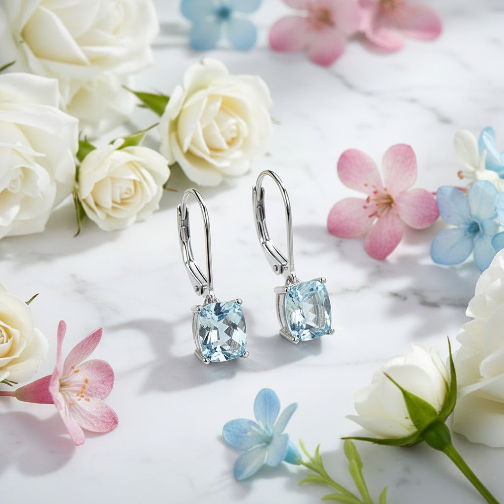 Lady Blue Natural Topaz Gemstone Pendant Earrings set in 18K White Gold Plated 925  Silver