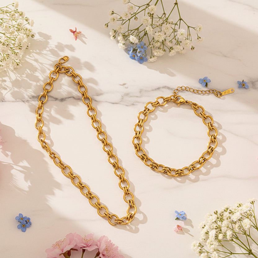 Modern European Geometric Chain INS-Style Necklace and Bracelet set in 18K Gold Plating Capella Jewellery