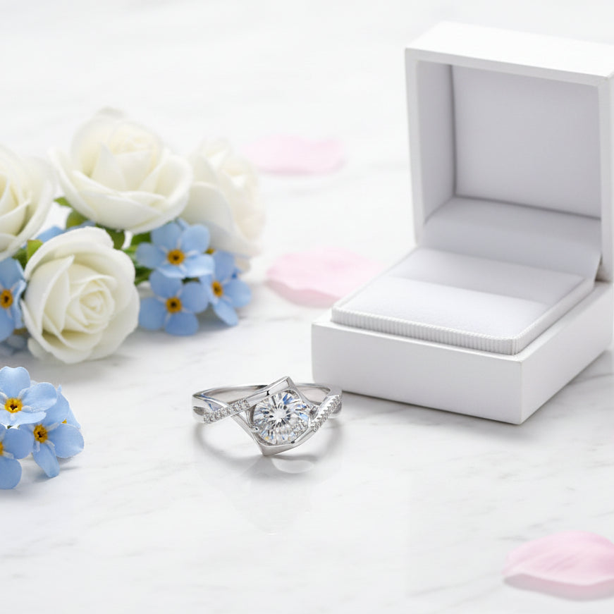 French Kiss Pavé Design 1 Carat Moissanite Diamond Ring set in 18K White Gold Plated 925 Silver (GRA)