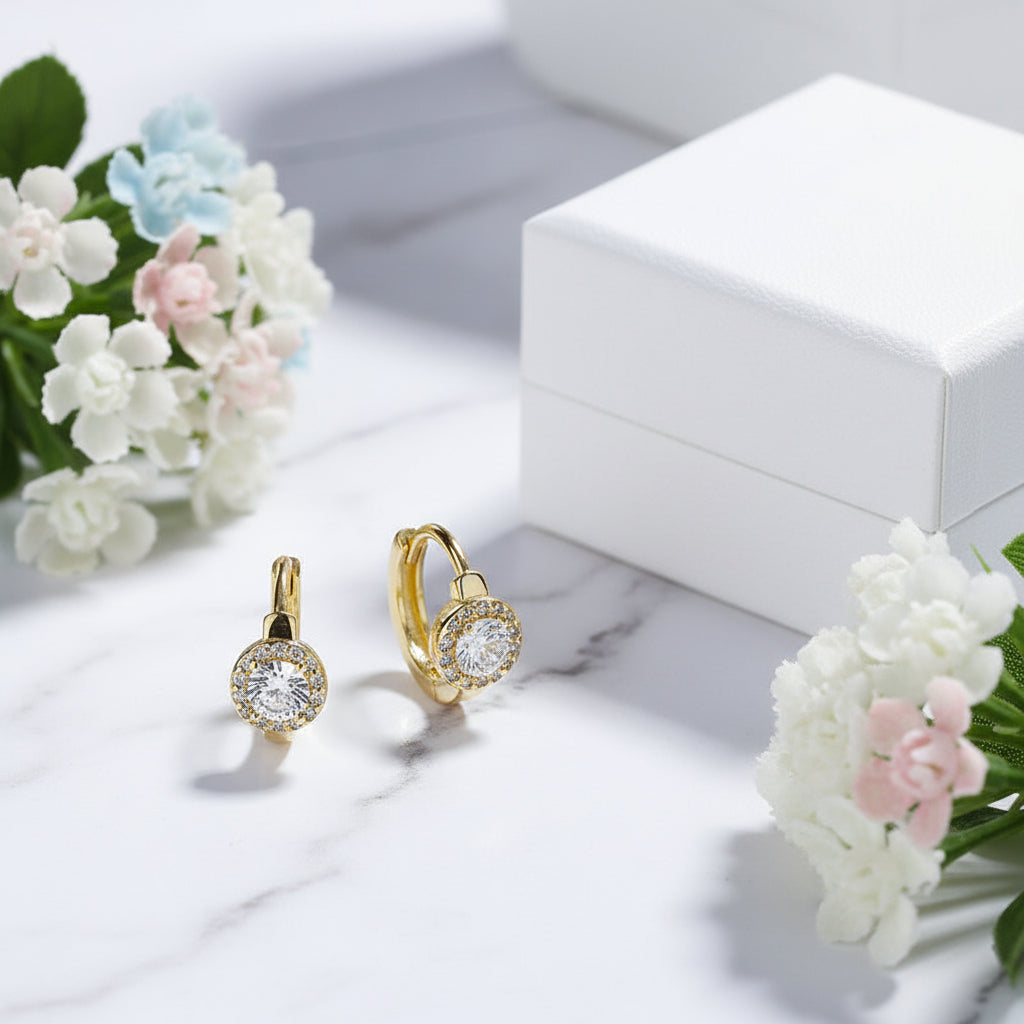 Italian Square / Round Design Natural Zircon Gemstone Earrings set in Platinum Plated 925 Silver