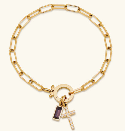 Holy Christian Cross Birth Stone Natural Zircon Gemstone Charm Bracelet set in 18K Gold Plating Capella Jewellery