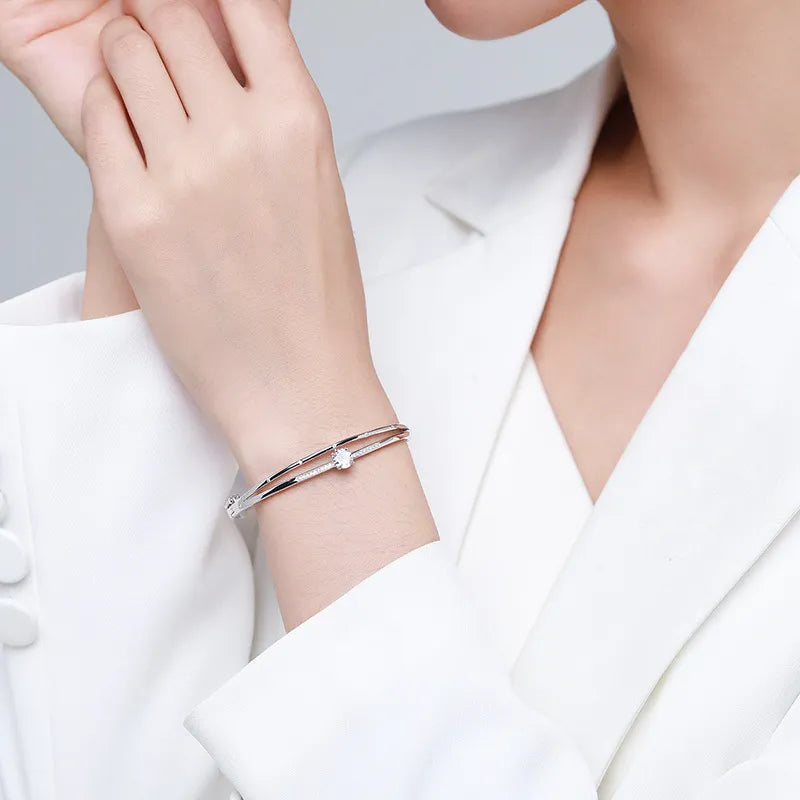 French Double Layer Solitaire Natural Zircon Gemstone Bracelet set in Platinum Plated 925 Silver Capella Jewellery