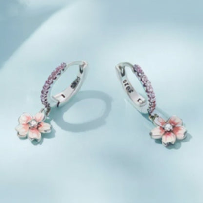 Japanese Design Sakura Cherry Blossom Natural Zircon Gemstone Earrings set in 925 Silver