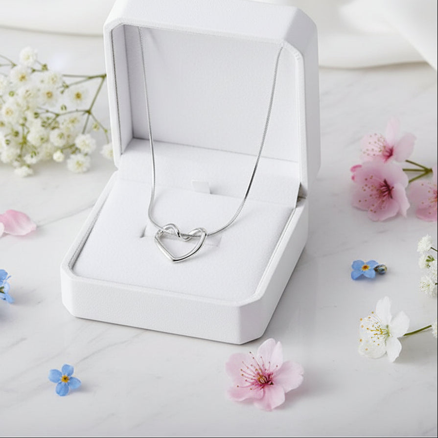 European Silver Heart Design Necklace Set in 18K White Gold plated 925 Sterling Silver