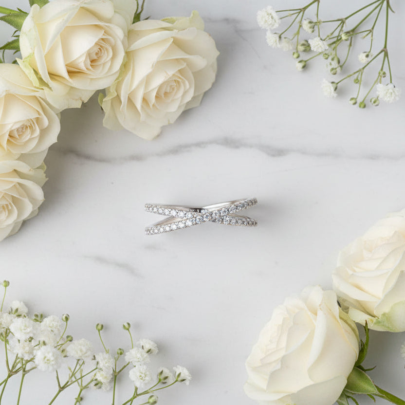 European Twin Band Design 0.4 Moissanite Diamond Ring set in Platinum Plated 925 Silver