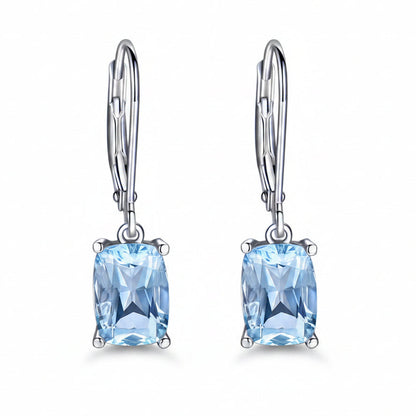 Pair of silver earrings with blue gemstones on a white background