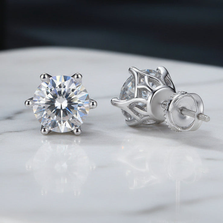 French Classic Six-Claw 4 Carat Moissanite Earrings set in Platinum Plated 925 Silver (GRA) Capella Reya pic 7