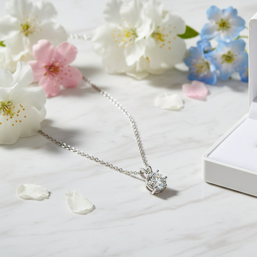 Timeless Six-Claw 1 Carat Moissanite Diamond Necklace set in Platinum Plated 925 Silver (GRA)