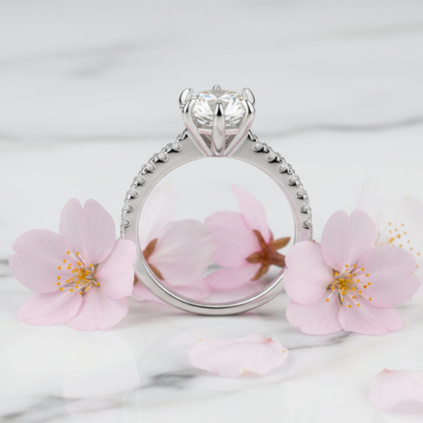 French Eight Awn Star Design 2 Carat Moissanite Diamond Ring set in Platinum 925 Silver (GRA)
