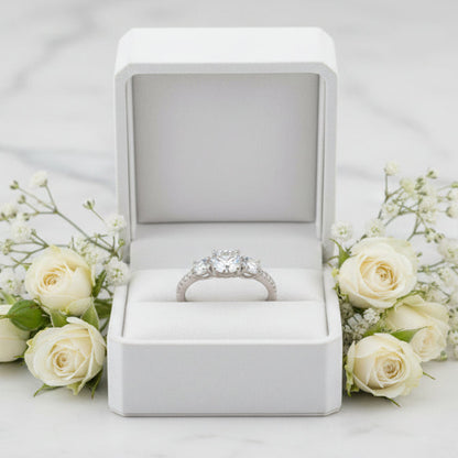 French Three Stone Micro Pavé Sides 1.8 Carat Moissanite Ring set in Platinum Plated 925 Silver (GRA) Capella Jewellery